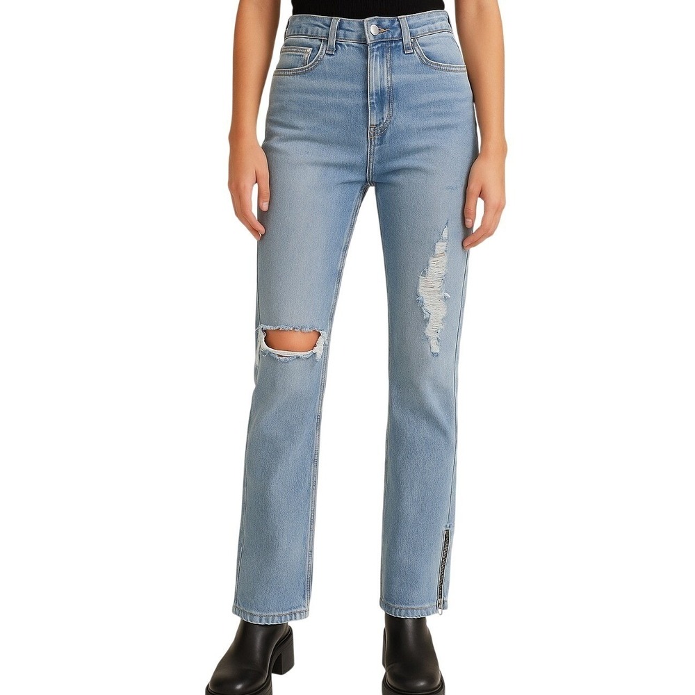 Revice Denim Zipper Hem Jeans 28 Light Wash Distressed High Rise Straight‎ Leg